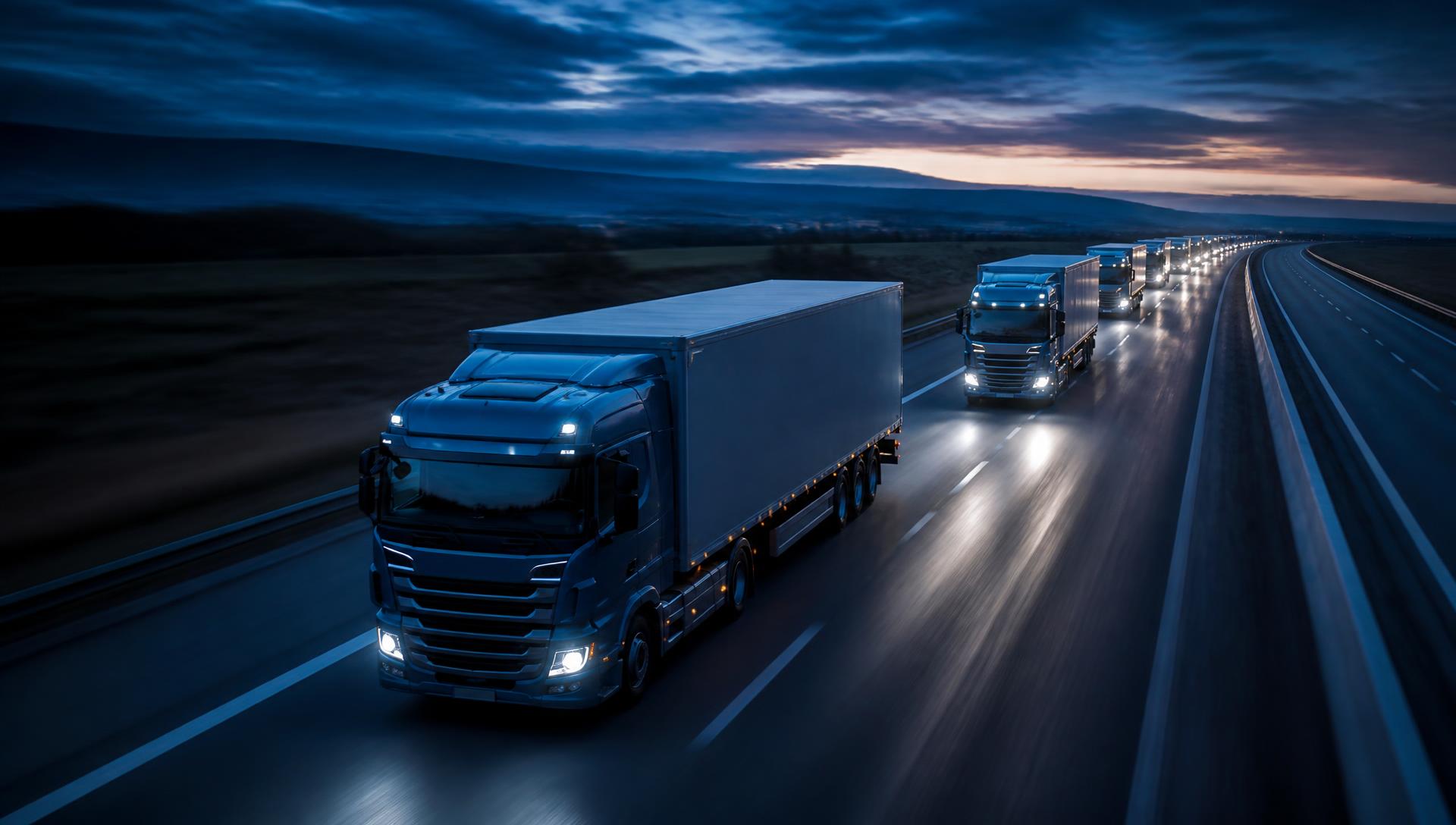 Fleet of semi trucks driving on a highway at dusk